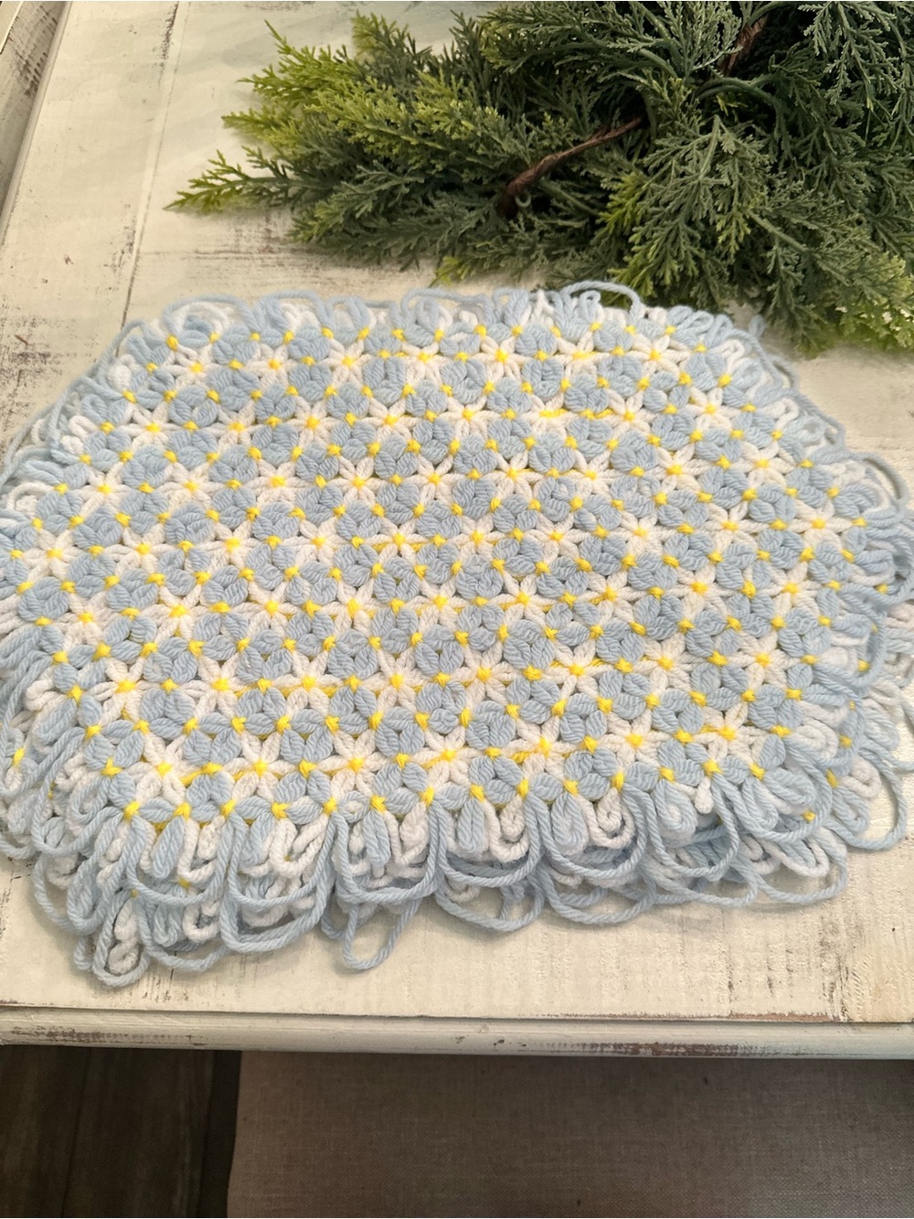 Handmade Light Blue Crochet Looped Mat with Yellow Accents